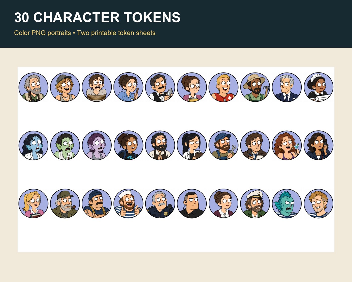 Thirty character portraits included in the kit